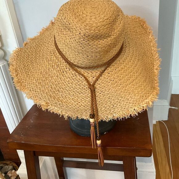 Large Floppy Brima Sun Hat w/ Leather Trim and Beaded Tassels coastalcowgirl - Picture 7 of 9